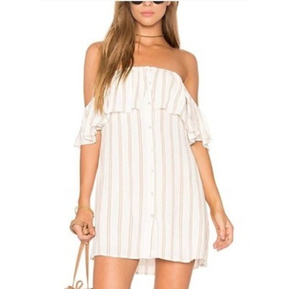 Privacy Please Revolve Norval Dress Off Shoulder Ruffle M Cream Tan Striped Mini